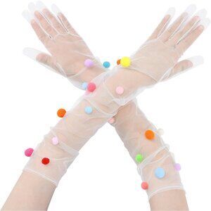 Women's White-7 Floral Tulle Pearl Long Sleeves Gloves Polka Point Evening